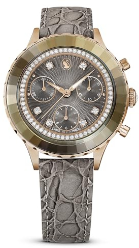 Swarovski Octea Chrono klocka, schweizisk tillverkad, läderband, grå, roséguldfärgad finish