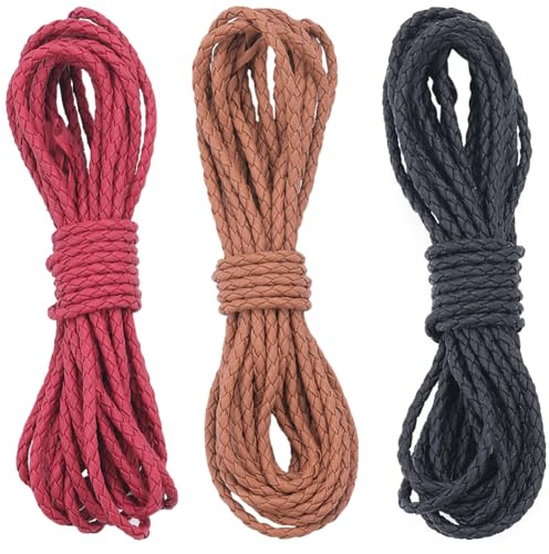 GORGECRAFT 3 Colori 15 m Cordoncino di Pelle Intrecciato 4 mm Rotondo Piegato Bolo Tie Strap Corda Intrecciatura In Pizzo Striscia Antica per Collane Bracciali Pendenti Creazione di Gioielli Perline I