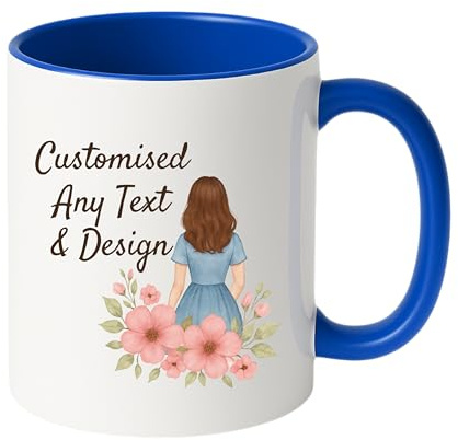 Personalised Mug | Coffee Cup with Coloured Handle and Inner | Any Photo or Text | Custom Coloured Cups for Valentine, Birthdays, & Occasions | Ceramic Mugs Available in Ten Colours | Medium Blue