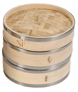 Soulnioi Cuiseur vapeur en bambou de 15 cm, à deux niveaux avec couvercle, idéal pour la cuisine asiatique, les dim sommes, les boulettes, les légumes, le poisson