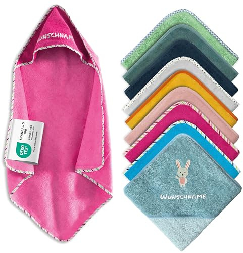 my STITCHERY Kapuzenhandtuch Baby mit Namen Bestickt, Oeko-TEX® Standard 100 - Personalisiertes Babyhandtuch mit Kapuze aus Reiner Baumwolle mit gesticktem Namen und Motiv (Pink, 100 x 100 cm)