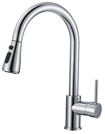 Kitchen Taps Mixer with Pull Out Spray, Pull Down Kitchen Sink Mixer Taps Faucet Monobloc Single Lever Bar Tap 1 Hole with High Arc 360° Swivel 3 Modes Spray Head, Chrome