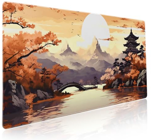 Grand tapis de souris de jeu Sakura japonais, orange, taille XXL, motif fleurs de cerisier jaune, grand tapis de souris esthétique avec base en caoutchouc antidérapant, bords cousus pour bureau, 90,9