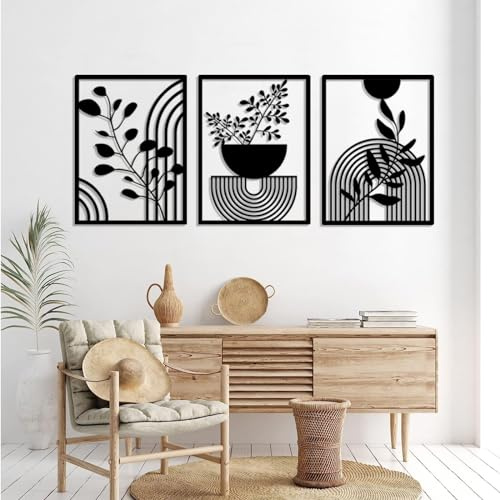 Pduoduo 3 Panels Abstract Metal Boho Wall Decor Modern Geometric Metal Wall Decor Black Garden wall art for Home Bedroom Living Room(22 * 16.5in)