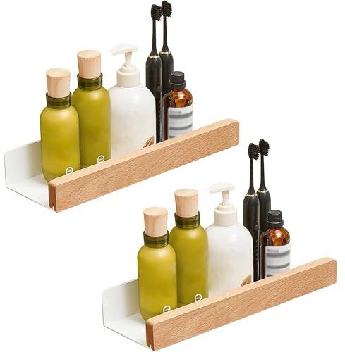 Duschablage Ohne Bohren, Wandregal Holz 2er Set Mit Kleber und Schrauben, Schwimmende Regale Wand Aufbewahrungs Regal Hängeregal Ideal, für Badezimmer Küche Wohnzimmer Büro Schlafzimmer (Hellbraun)