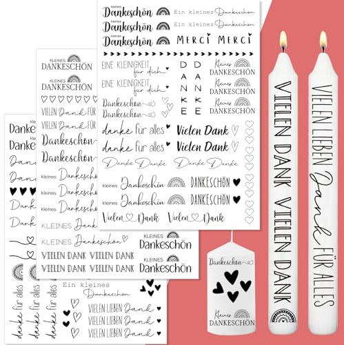 3 Stück DIN A4 Kerzentattoos Danke, Wasserschiebefolie | Kerze Sprüche Dankeschön, Tattoo für Glas Keramik, DIY Geschenkidee Hochzeit Taufe Geburtstag