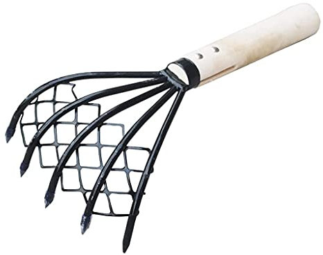 Rastrillo de garra compacto resistente con red de malla de 15 pulgadas, rastrillo de mano, tenedor de almeja, mango de madera corto, ergonómico, antideslizante, rastrillo resistente