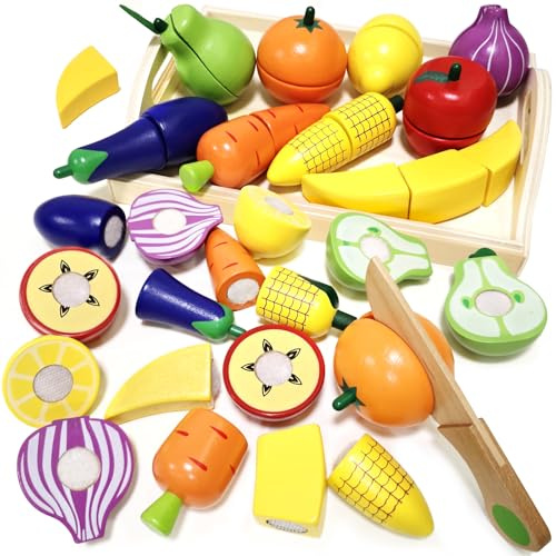 Jouet Bois Fruits Légumes de Coupe pour Dinette Enfant,Jeux de Cuisine Enfants,Jeu d'imitation Jeux Enfant, Jouet Éducatif Éveil Montessori, Cadeau Anniversaire Pâques Noël Garçon Fille