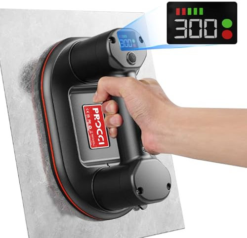 Procci Neuer Akku Saugheber für Fliesen, Glas, Marmor, 24 cm Durchmesser, 2 Motoren, 300 kg Saugkraft, LCD-Anzeige für Saugkraft & Akkulaufzeit, 4000 mAh Akku
