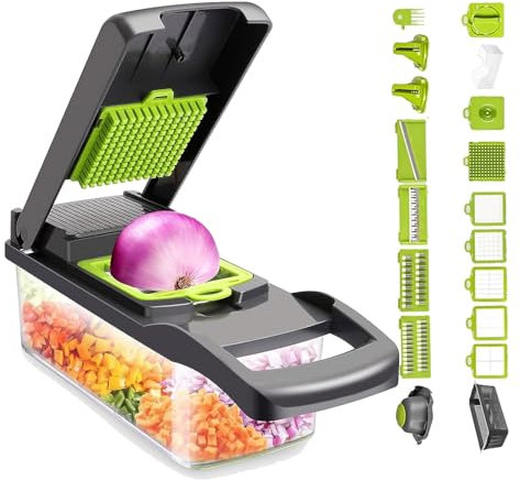 CVNIMV Mandoline à 12 Lames, spiraliseur de légumes, Coupe-dés, Hachoir, râpe, Ensembles de Gadgets de Cuisine avec récipient (Gris)
