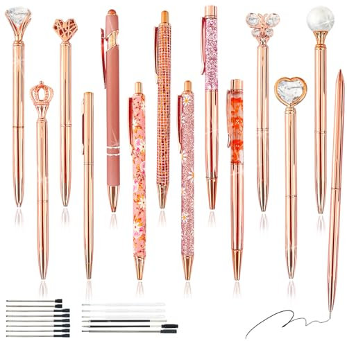 XingyLi 28 teiliges Kugelschreiber Set in Roségold mit Kristall Diamanten, 14 einziehbare Kugelschreiber mit glitzernden Metallkronen und 14 schwarzen Tintenminen, hübsche Stifte in Liquid Sand Optik