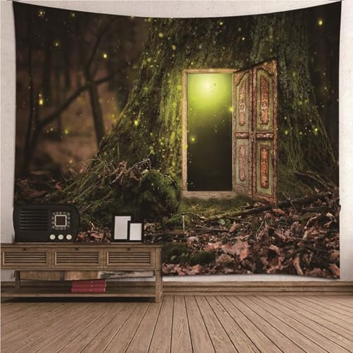Wycian Wandbehang Höhle Wandbehang Baum Grün Braun Eingang Der Baumhöhle Mikrofaser Wandteppich Outdoor Upgrade Weich 200X200cm （Breite x Höhe）