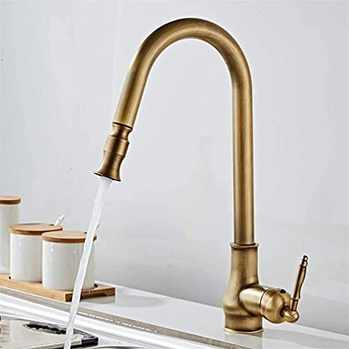 Vintage Antique Brass Kitchen Faucet with Pull Out Spray Head 360 Degree Swivel Sink Mixer Tap for Hot and Cold Water Retro Single Handle Design