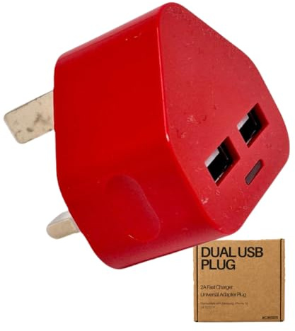 Electoys Dual USB Plug Fast Charger - 2A Double Charging Plug Adapter - UK Compatible With Samsung iPhone 15 14 13 12 11 - Red