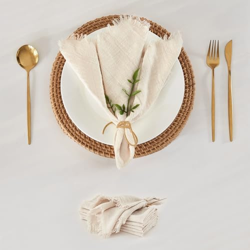 WAITER TREE Cloth Napkins 6pcs Beige Soft Pure Cotton with Fringed Breathable Square 48 x 48 cm Rustic Handcrafted Napkins for Dinners Parties Weddings