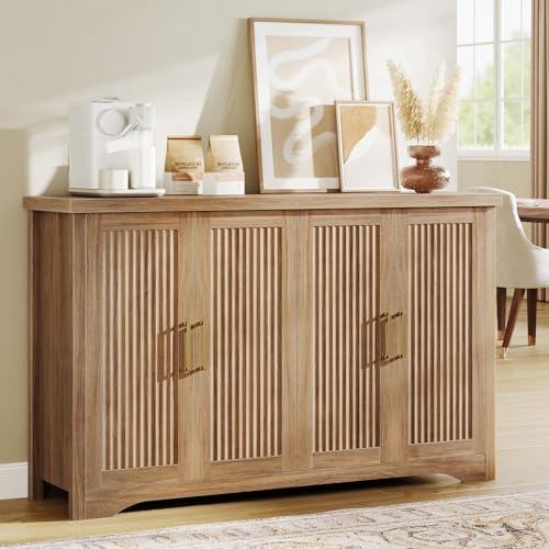Memobarco Fluted Buffet Cabinet with Storage Accent Sideboard,Modern Credenza with 4 Doors & Adjustable Shelves,Wood Coffee Bar Table Console for Dining Room Kitchen Living Room Entryway,Natural Oak