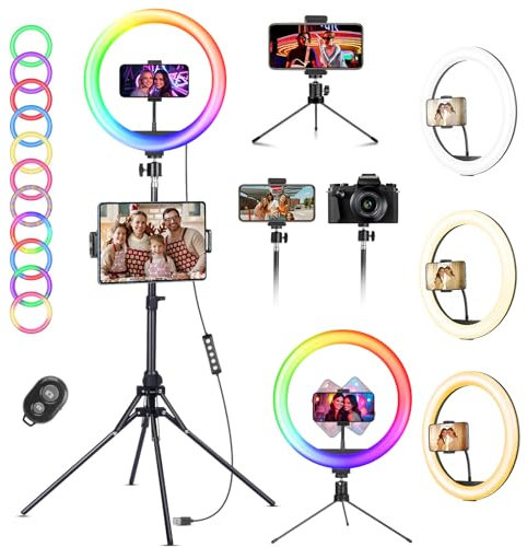 KOSCHEAL Aro de Luz con Trípode, Anillo de Luz 12 Ajustable de 1.8m y Modos de Color RGB,Regulable para Selfie, 2800-6500 Dimmable White, Tiktok, Youtube, Compatible con iPhone y Android