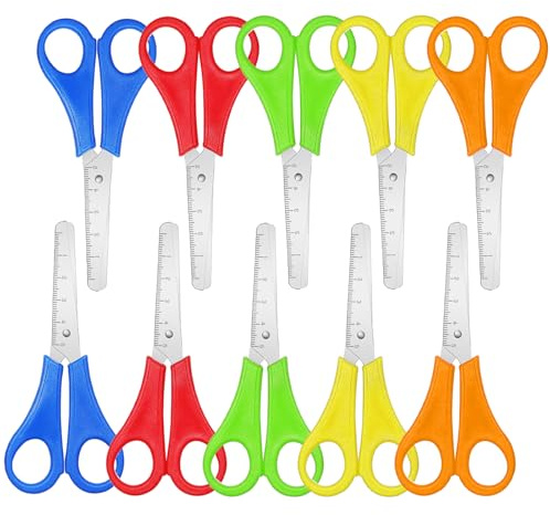10 Pcs Kids Scissors,Children Blunt tip Safety Scissors,Children Safety Plastic Handle Handmade Preschool Training Scissor with cm-Scale for Scrapbooking Art DIY Craft Students Teaching Stationery