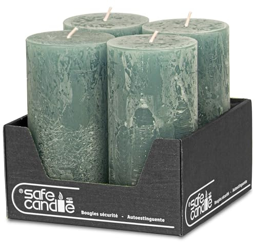 DecoLite Stumpenkerzen Rustik 14 x 7 cm, 69h, 4er Set, Salbei | Made in Germany, RAL-geprüft, selbstverlöschend, durchgefärbt, ruß- & tropffrei, Kerzen für Advent, Hochzeit & Gastronomie