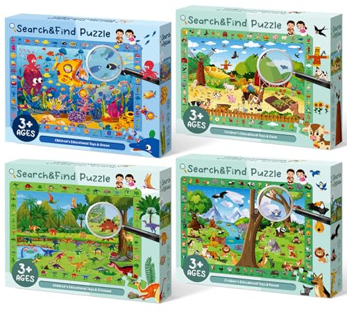 4 Pack 60 teilige Puzzles für Kinder von 3 4 5 6 Jahren, Dinosaurier Wald Ozean Bauernhof Kinder Puzzle, Lernspielzeug und schöne Geschenke für Kleinkinder, Jungen Mädchen im Alter von 3-6 Jahren