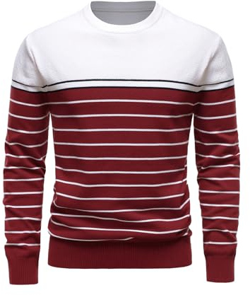 LUVCES Suéter a Rayas para Hombre Manga Larga Cuello Redondo Bloque de Color Jersey Suéteres de Punto Informal Otoño e Invierno Ropa de Uso Diario Tops Blanco y Burdeos L