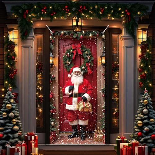 Christmas Door Cover Decorations: Santa Claus Front Door Christmas Decorations, Xmas Backdrop Holiday Banner Santa Claus Decor Party Supplies for Classroom Office Home Outdoor Indoor
