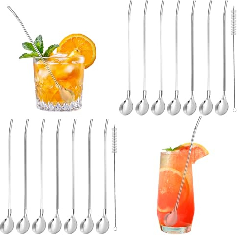 14 Stück Strohhalm Löffel, 2 in 1 Strohhalm Mit Löffel Edelstahl, Wiederverwendbare Strohhalmlöffel, Löffelstrohhalme mit 2 Stück Reinigungsbürste für Smoothies, Milchshakes, Cocktails, Kaffee