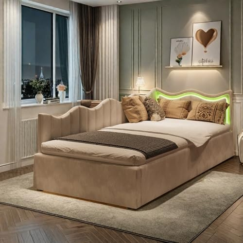 SHAODENG Jugendbett 90x200 Schlafsofa mit Bettkasten, Polsterbett Einzelbett mit LED-Beleuchtung und Hydraulischer Stauraum, Tagesbett Multifunktionsbett Gästebett, Beige Samt Bett, ohne Matratze