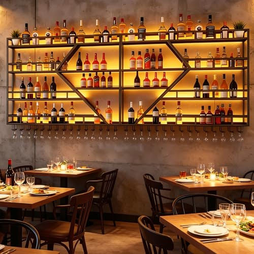 SPTZQURY Botellero de Vino de Pared, Grande Estante de Vino Decorativo Industrial de Metal con Portavasos para Copas, Estante Flotantes para Exhibición De Vinos Botellero para (Schwarz, 4 Tier,160cm)