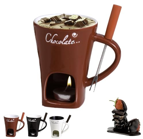 Generico Tazzas per Fonduta al Cioccolato, 200ml Tazzas Sciogliere Il Cioccolato, TazzaIn Ceramica Fonduta Dolce con Forchetta E Candela Tealight, TazzaScaldavivande per Caramelle, Salse, Dessert(A)