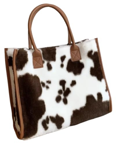 Generisch Damen Handtasche im Kuhfell-Design, 34x27x13 cm, Braun-Weiß, mit Kunstleder-Tragegriffen, Shopper für Alltag
