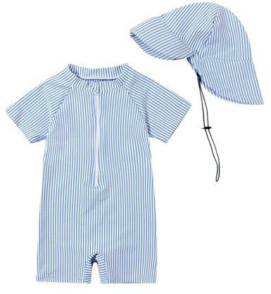 JiAmy Traje de baño para bebé con sombrero para el sol, protección UV, de una pieza, traje de baño, azul, 18-24 meses