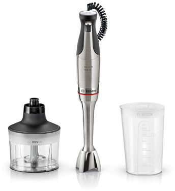 Bosch Serie 8 Frullatore a Immersione ErgoMaster MSM8M930, Potente Motore da 1500 Watt, Regolazione Dinamica della Velocità, Coltello a 6 Lame in Acciaio Inox, Accessori Inclusi, Acciaio Inossidabile