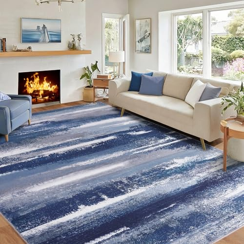 Washable Rugs for Living Room 140x200cm Blue Grey Modern Abstract Carpet | Short Pile Non-Slip Thin Area Rug for Bedroom, Dining Room, Home Office