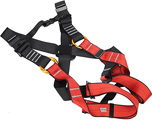 Jelquix Arnés de Escalada para Niños de Poliéster Rojo Negro, Cinturón de Seguridad de Cuerpo Completo, Cinturón de Escalada Al Aire con Anillos en D de Acero de Aleación, Ideal para en Roca, (Negro