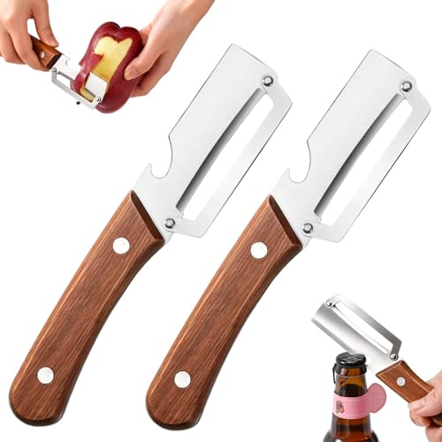 LTFIOON 2 Pelador de Verduras Multifuncional para Cocina, Pelador Multifuncional 2 en 1 de Acero Inoxidable, Mango de Madera y Abre Botellas, Stainless Steel Peeler para Patatas, Frutas y Verduras