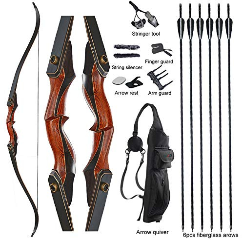 TOPARCHERY Archery 60 Takedown Hunting Recurve Bow and Arrow Set for Adults Practice Competition Longbow Kit 30-50lbs with 6pcs Arrows Right Hand Black