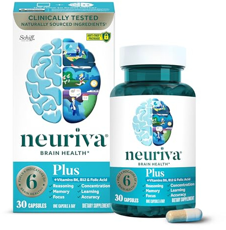 NEURIVA Plus Brain Supplement for Memory and Focus Clinically Tested Nootropics for Concentration for Mental Clarity, Cognitive Enhancement Vitamins B6, B12, Phosphatidylserine 30 Capsules