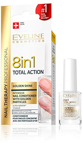 Eveline Cosmetics Total Action - Siero concentrato per unghie 8 in 1, con particelle d'oro, 12 ml, balsamo rinforzante per unghie, trattamento restaurativo, facile da usare
