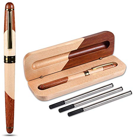 Penna a Sfera in Legno di Sequoia - Set Regalo Elegante Con 3 Ricariche Nere - Bambù Nero per Firme o Uso Aziendale