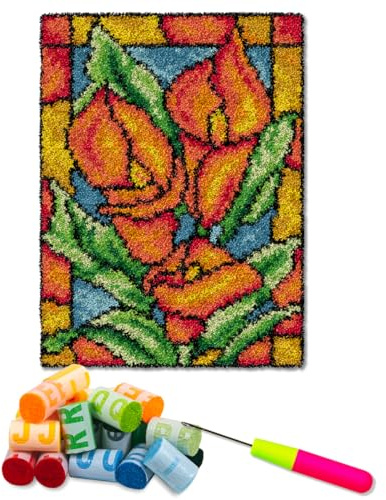 DL-YTG Latch Hook Kits Rug Orange Flowers Crochet Yarn Cushion Colour Pre-Printed Canvas Cover Rug Needlework DIY Hook and Latch Kit Home Decoration 52x38cm/20 X15 inch