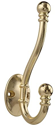 HASWARE 6 PCS Double Prong Robe Hook, Large Dual Coat Hooks with 12 Pieces Screws Wall Mounted Hooks Robe Antique Hooks Hangers Heavy Duty for Home Coats Hat Clothes Hanger Towel Keys (Bright Brass)
