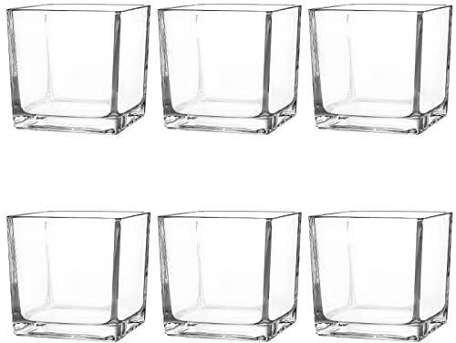 Comrzor Set of 6 Square Glass Vases 4 x 4 x 4, Clear Flower Vase, Plant Terrarium, Candle Holder for Wedding Centerpiece, Office Decorations, Home Décor, Parties and Events