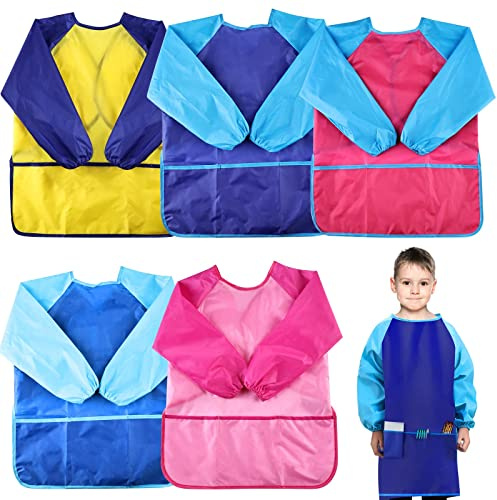Malschürze Kinder - Bastelschürze Kinder, 5 Stück Wasserdicht Kinders Malkittel 3-8 Jahre Mädchen/Junge mit Langarm und Taschen, Malkittel Kinders für Schule Kunst Malerei Kochen Essen Laboraktivität