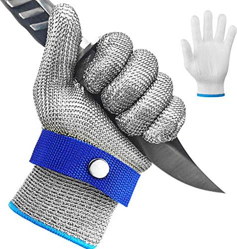 Waflyer Guanti Anti-Taglio, Guanti da Lavoro in Rete Metallica di Protezione di Livello 5 in Acciaio Inossidabile, con Guanti Interni, per Taglio di Carne, Ostriche, Mandolino, Taglio del Legno, XL