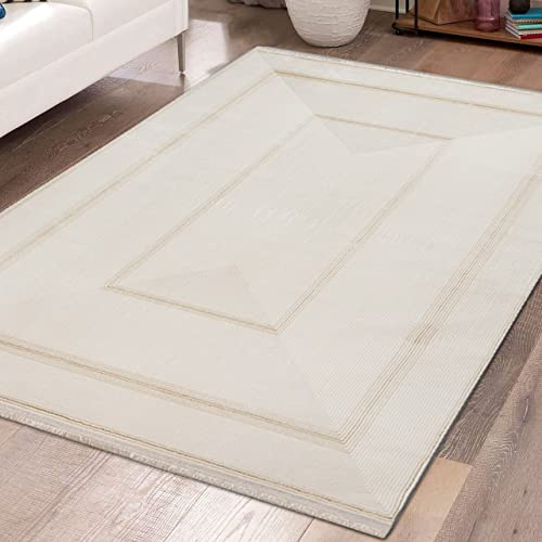 Teppich-Traum Teppich Gästezimmer Elegant Klassischer Fransen Vorleger Schrank Edle Bordüre- Creme Gold, 160 x 230 cm