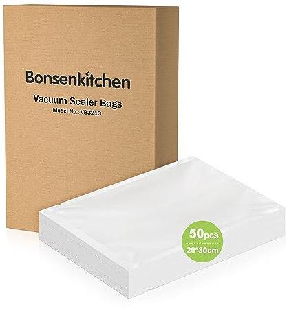 Bonsenkitchen 50 Bolsas para Envasadora de Alimentos al Vacío, 20x30 cm - Bolsas Gofradas para Conservación y Cocción Sous Vide & Boilable, VB3213