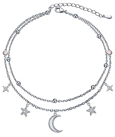 HOOHWE Vristlänk för kvinnor silver 925 justerbar fjäril måne pärla keltisk knut fotkedja flera lager fotkedjor för kvinnor strand dubbelskikt anklets boho-smycken, adjustable (minimum 9 inches /