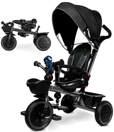 KRIDDO 7-in-1 Tricycle Stroller for Toddlers 18 Months to 5 Years, Adjustable Push Handle, Rotatable Seat, Cup Holder and Retractable Canopy, Folding Baby Trike w/Detachable Guardrail, Footrest, GY