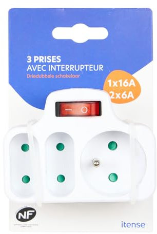 ITENSE - Multiprise électrique,Prise Multiple - Fiche Triplite - 3 Prises - 1 x 16A + 2 x 6A - avec Interrupteur - Multiprise Murale - Couleur: Blanc - Sécurité Enfant - Tension: 230V - Matière: PVC